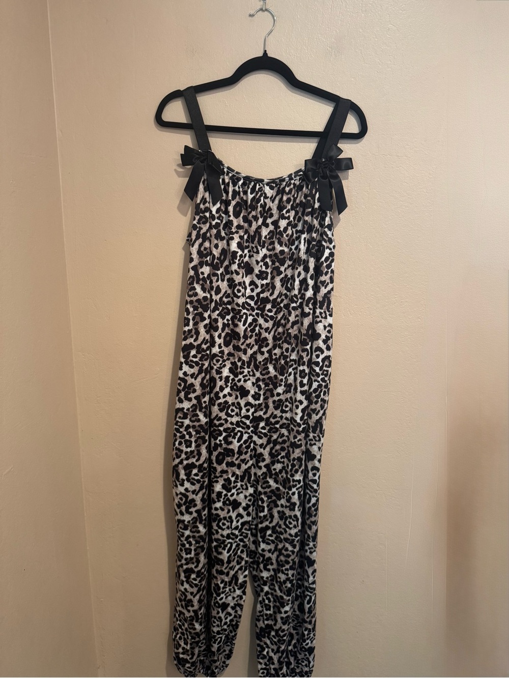 Leopard Print Satin Jumpsuit with Shoulder Bows